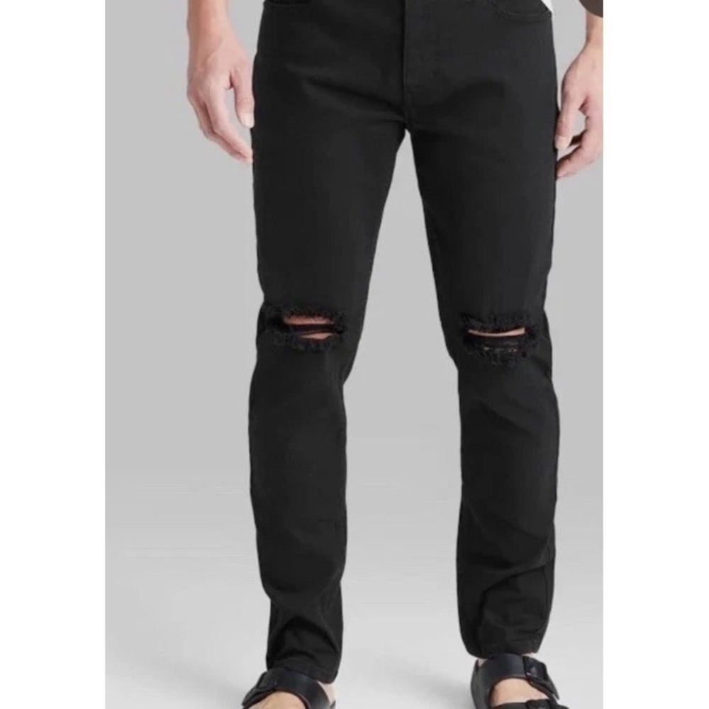 Original Use Jeans Men 30X30 Black New Ripped Knees Slim Taper Stretch C940